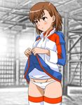  blush bow bow_panties brown_eyes brown_hair cosplay cowboy_shot highres indoors jacket lessar lessar_(cosplay) looking_away misaka_mikoto mochi_mame panties skirt skirt_lift solo thighhighs to_aru_kagaku_no_railgun to_aru_majutsu_no_index underwear white_panties 