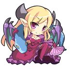  blonde_hair breasts chibi dragon_wings dress fan frilled_dress frills high_heels horns lilith_(p&amp;d) long_hair medium_breasts pointy_ears purple_eyes puzzle_&amp;_dragons sitting smile snake solo take_tonbo thighhighs wings 