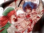  awai_shiro bad_id bad_pixiv_id bat_wings battle blood blue_eyes blue_hair commentary duel hat hong_meiling injury long_hair multiple_girls open_mouth red_eyes remilia_scarlet short_hair touhou wings 