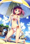  :d absurdres arrow_through_heart bare_legs barefoot beach beach_umbrella bikini blue_sky breast_press breasts cameltoe cleavage cloud collarbone day front-tie_top hair_ribbon halterneck highres holding holding_shoes kantoku kneeling lens_flare looking_at_viewer medium_breasts navel open_mouth original outdoors pink_hair purple_eyes ribbon sandals shoes short_hair side-tie_bikini sky smile solo swimsuit umbrella white_bikini wide_ponytail 