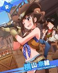  &gt;_&lt; 1girl artist_request blush brown_hair character_name clenched_teeth closed_eyes cowboy_hat cutoffs denim denim_shorts failure fringe_trim front-tie_top gloves gun handgun hat holster idolmaster idolmaster_million_live! looking_at_viewer navel official_art one_eye_closed purple_eyes revolver shirt short_shorts shorts side_ponytail teeth tied_shirt vest weapon yokoyama_nao 