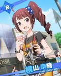  2girls ahoge artist_request bracelet brown_hair character_name clothes_writing crepe drink food food_on_face idolmaster idolmaster_million_live! jewelry looking_at_viewer multiple_girls official_art purple_eyes scrunchie side_ponytail yokoyama_nao 