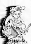  absurdres azibuda breasts choker cleavage corset earrings fan folding_fan frilled_skirt frills greyscale hat hat_ribbon highres jewelry large_breasts long_hair monochrome puffy_sleeves ribbon skirt slender_waist solo touhou very_long_hair yakumo_yukari yin_yang 