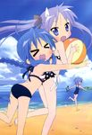  &gt;_&lt; absurdres ahoge ball beach beachball bikini blue_eyes blue_hair blush closed_eyes cloud crossover day highres hiiragi_kagami hug hug_from_behind izumi_konata leg_lift legs long_hair lucky_star miyakawa-ke_no_kuufuku miyakawa_hikage mole mole_under_eye multiple_girls non-web_source nyantype ocean one-piece_swimsuit open_mouth outdoors ponytail purple_hair school_swimsuit short_hair side-tie_bikini sky sweatdrop swimsuit twintails water 