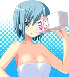  :q bare_shoulders blue_eyes blue_hair breasts cleavage icetiina kyubey large_breasts mahou_shoujo_madoka_magica miki_sayaka milk_carton naked_towel short_hair solo tongue tongue_out towel 