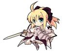  ahoge armor armored_dress artoria_pendragon_(all) bare_shoulders blonde_hair caliburn chibi detached_sleeves fate/stay_night fate/unlimited_codes fate_(series) gauntlets greaves green_eyes hair_ribbon ribbon saber saber_lily smile solo sword take_tonbo updo weapon 