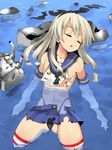  blonde_hair elbow_gloves gloves hair_ornament hair_ribbon kantai_collection long_hair microskirt midriff open_mouth panties pantyshot ribbon shamanwer shimakaze_(kantai_collection) skirt solo striped striped_legwear thighhighs torn_clothes torn_legwear unconscious underwear wet wet_clothes 