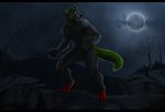  balls biceps black_fur black_nose canine claws fangs full_moon fur glowing glowing_eyes green_eyes green_fur kaosst male mammal moon muscles nude pecs pose sheath solo standing teeth toe_claws were werewolf wolf 