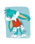  4:5 angry anthro blue_background bottomless buster_bunny clothed clothing dark_clefita dotted_background halftone halftone_background hi_res lagomorph leporid male mammal pattern_background rabbit simple_background solo teal_body teal_skin tiny_toon_adventures toony warner_brothers 