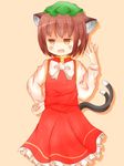  abura2000 animal_ears bad_id bad_pixiv_id blush bow brown_eyes brown_hair cat_ears cat_tail chen earrings fang fingernails hand_on_hip hat highres jewelry multiple_tails nekomata open_mouth short_hair simple_background skirt smug solo tail touhou two_tails 