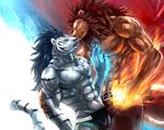  biceps blue_eyes brown_fur chest_tuft feline fire fur gay lion magic male mammal muscles pecs red_eyes sky_(artist) tiger topless tuft white_fur white_tiger 