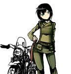  artist_request belt black_hair blue_eyes formal gun handgun hermes highres hips holster jinkou-kuu kino kino_no_tabi motor_vehicle motorcycle pistol pouch simple_background sketch suit vehicle 