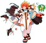  2boys adeku_(pokemon) bare_legs baseball_cap boots brown_hair commentary denim denim_shorts gen_5_pokemon glomp grin gum_(gmng) hat high_ponytail hug jacket long_hair multicolored_hair multiple_boys orange_hair poke_ball pokemon pokemon_(creature) pokemon_(game) pokemon_bw poncho red_hair sandals short_hair shorts smile snivy touko_(pokemon) touya_(pokemon) vest white_background 