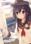  :o admiral_(kantai_collection) akatsuki_(kantai_collection) beach black_hair commentary_request gloves hat holding_hands kantai_collection long_hair ocean open_mouth purin_jiisan purple_eyes solo_focus 
