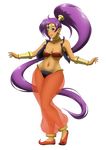  arabian_clothes bandeau blue_eyes breasts choker cleavage dark_skin earrings forehead_jewel full_body grimbyslayer harem_pants highres hoop_earrings jewelry long_hair medium_breasts midriff navel open_clothes open_vest pants pointy_ears pointy_shoes ponytail purple_hair see-through shantae_(character) shantae_(series) shoes smile solo tiara transparent_background very_long_hair vest 