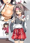  3girls :d =_= black_hair blush breast_envy breasts brown_eyes brown_hair cleavage fang hachimaki hair_ribbon hakama hat headband japanese_clothes kantai_collection large_breasts long_hair multiple_girls muneate open_mouth peeking_out ponytail red_hakama ribbon ryuujou_(kantai_collection) shouhou_(kantai_collection) skirt smile sweatdrop tel thumbs_up translated twintails v-shaped_eyebrows visor_cap wavy_mouth zuihou_(kantai_collection) 