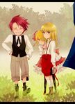  3boys ^_^ androgynous black_legwear blonde_hair child closed_eyes collared_shirt cravat dress grey_eyes grin hair_ornament hands_on_hips ichiemu_(picric) kneehighs multiple_boys pantyhose red_hair ribbon shirt smile suspenders umineko_no_naku_koro_ni ushiromiya_battler ushiromiya_jessica ushiromiya_lion waistcoat white_legwear willard_h_wright younger 