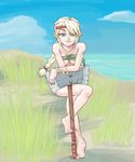  1girl astrid_hofferson axe blonde_hair blue_eyes braid breasts cleavage dreamworks earrings female how_to_train_your_dragon jewelry smile solo viking warrior weapon 