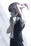  adjusting_hair arm_up blue_eyes hair_ornament hetza_(hellshock) kantai_collection mouth_hold no_gloves pink_hair red_ribbon ribbon school_uniform shiranui_(kantai_collection) short_hair short_sleeves skirt solo vest 
