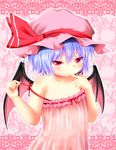  areola_slip areolae bat_wings blue_hair blush finger_in_mouth flat_chest hat hat_ribbon highres lingerie looking_at_viewer negligee red_eyes remilia_scarlet rena_(riries) ribbon short_hair solo touhou underwear wings 