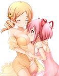  ass bare_shoulders blonde_hair breast_press breasts cleavage closed_eyes drill_hair highres kaname_madoka large_breasts looking_at_another looking_up mahou_shoujo_madoka_magica multiple_girls nightgown open_clothes pink_hair short_hair short_twintails smile tomoe_mami twin_drills twintails yellow_eyes yoshimo yuri 