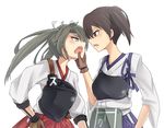  asakawa_(outeq) blush brown_eyes brown_hair commentary face-to-face gloves green_hair hand_on_another's_face japanese_clothes kaga_(kantai_collection) kantai_collection multiple_girls muneate open_mouth rivalry short_hair side_ponytail skirt smile twintails zuikaku_(kantai_collection) 