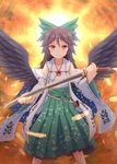  adapted_costume black_hair black_wings bow cape commentary_request detached_sleeves dress feathers hair_bow highres japanese_clothes katana long_hair looking_at_viewer red_eyes reiuji_utsuho smile solo sword touhou weapon wings yamaneko_(lige) 