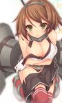  bare_shoulders black_panties blush breasts brown_hair crossed_arms gloves green_eyes headgear kantai_collection large_breasts looking_at_viewer mutsu_(kantai_collection) panties red_legwear ryo short_hair skirt skirt_pull solo thighhighs underwear white_gloves 