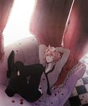  black_neckwear blonde_hair checkered checkered_floor couch highres kagamine_len looking_at_viewer lying male_focus mozzu necktie on_back petals solo vocaloid 