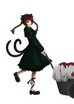  absurdres animal_ears arm_ribbon bad_id bad_pixiv_id bell bell_collar blood blood_stain bow braid cart cat_ears collar dress fangs full_body green_bow green_dress hair_bow highres kaenbyou_rin leg_ribbon mary_janes multiple_tails pushcart red_eyes red_hair ribbon shoes smile solo tail touhou twin_braids two_tails white_background wingedleek 