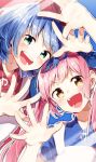  2girls bangs blue_bow blue_dress blue_hair bow dress eyebrows_visible_through_hair green_eyes hair_bow highres long_hair multiple_girls omega_rei omega_rio omega_sisters open_mouth pink_hair puffy_short_sleeves puffy_sleeves sakuragi_ren short_hair short_sleeves smile twintails virtual_youtuber yellow_eyes 