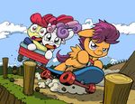  amber_eyes apple_bloom_(mlp) bow cloud cub cutie_mark_crusaders_(mlp) dust equine female feral friendship_is_magic green_eyes group hair holding horn horse hug latecustomer mammal my_little_pony outside path pegasus pink_hair pony purple_eyes purple_hair red_hair rocks scared scootaloo_(mlp) scooter sky smoke sweetie_belle_(mlp) two_tone_hair unicorn wagon wings young 