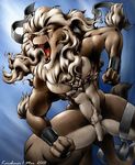  abstract_background balls bracers color feline fur harness karabiner lion male mammal mane muscles navel nipples nude open_mouth penis pubes solo tan_fur tongue tuft warrior yellow_eyes 