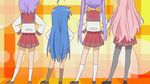  ahoge animated animated_gif blue_hair dancing from_behind hiiragi_kagami hiiragi_tsukasa izumi_konata long_hair lucky_star miyakawa-ke_no_kuufuku pantyhose pink_hair purple_hair school_uniform short_hair skirt socks takara_miyuki twintails 