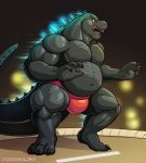  2018 3_toes 5_fingers angry anthro clothed clothing fighting_stance front_view godzilla godzilla_(series) grey_scales hi_res male musclegut navel open_mouth primodrago scales scalie sharp_teeth solo sumo teeth toes topless 