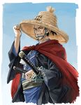 atomic_samurai black_hair cape haori hat indesign japanese_clothes katana long_hair male_focus one-punch_man ponytail roningasa samurai solo straw_hat sword weapon 