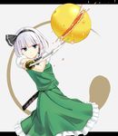  bad_id bad_pixiv_id blue_eyes cherry_blossoms cutting denkitori dutch_angle expressionless grapefruit grey_background hair_ribbon highres juice katana konpaku_youmu konpaku_youmu_(ghost) letterboxed ribbon scabbard sheath short_hair silver_hair simple_background skirt skirt_set solo sparkle sword touhou unsheathed weapon 