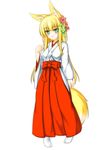  animal_ears blonde_hair flower fox_ears fox_tail green_eyes hair_flower hair_ornament hakama highres himeka_chine japanese_clothes long_hair miko minaha_(playjoe2005) open_mouth original red_hakama simple_background smile solo tabi tail white_background 