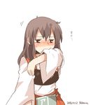  akagi_(kantai_collection) akagi_(kantai_collection)_(cosplay) alternate_costume alternate_hairstyle armor blush brown_hair clothes_sniffing cosplay japanese_clothes kaga_(kantai_collection) kantai_collection long_hair lowres muneate rebecca_(keinelove) smelling solo 