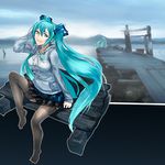  aqua_hair digital_media_player earbuds earphones green_eyes hatsune_miku highres long_hair sitting skirt solo thighhighs twintails very_long_hair vocaloid yuki_tarou 