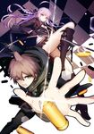  1girl black_hair boots braid brown_hair bullet cape danganronpa danganronpa_1 green_eyes gun handgun hood kirigiri_kyouko long_hair naegi_makoto purple_eyes purple_hair revolver rifle samail short_hair skirt weapon 