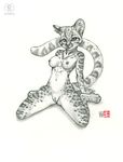  anthro black_and_white breasts feline female greyscale kacey kneeling looking_at_viewer mammal margay monochrome nude pose pussy solo 