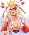  bad_id bad_pixiv_id beatmania beatmania_iidx bemani blonde_hair blush breasts cleavage dango demekyon food food_on_body houou_rinka large_breasts long_hair open_mouth red_eyes sexually_suggestive solo wagashi 