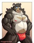  2018 5_fingers anthro blue_eyes brown_background bulge clothed clothing front_view fundoshi gradient_background hand_on_hip hi_res hybrid japanese_clothing male mammal mustelid navel neck_tuft nipples open_mouth otter primodrago simple_background solo standing topless tuft underwear ursine waffle_(bearpaw93) 
