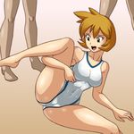  2boys breasts brown_hair cameltoe commentary_request deadmoon_(kein2002) green_eyes gym_leader kasumi_(pokemon) large_breasts multiple_boys one-piece_swimsuit open_mouth pokemon pokemon_(game) pokemon_hgss short_hair smile spread_legs swimsuit 