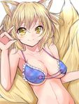  animal_ears bikini blonde_hair blue_bikini breasts buttons cleavage collarbone fox_ears fox_shadow_puppet fox_tail highres kyuubi large_breasts looking_at_viewer multiple_tails navel pose smile solo swimsuit tail touhou underboob velia yakumo_ran yellow_eyes 