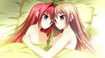  16:9 1boy 1girl bare_shoulders bed blanket blue_eyes brown_hair forehead-to-forehead game_cg highres kimishima_ao miyama_mizuki nude ootori_rena otome_ga_tsumugu_koi_no_canvas purple_eyes red_hair trap 