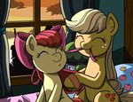  applejack_(mlp) blonde_hair cub cute cutie_mark equine eyes_closed female feral freckles friendship_is_magic hair horse latecustomer long_hair mammal my_little_pony pony red_hair sibling sisters smile young 