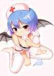  bat_wings blue_hair condom condom_in_mouth fey_(broken_cage) from_above hat highres mouth_hold nurse nurse_cap panties panties_removed red_eyes remilia_scarlet solo thighhighs torn_clothes torn_legwear touhou underwear white_legwear wings 