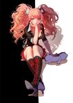  absurdres ask_(askzy) bad_revision black_footwear blonde_hair blue_eyes boots chin_rest cross-laced_footwear danganronpa danganronpa_1 enoshima_junko hair_ornament hand_on_own_cheek high_heel_boots high_heels highres knee_boots lace-up_boots long_hair md5_mismatch monokuma sitting skirt sleeves_rolled_up smile solo spoilers twintails wavy_hair 